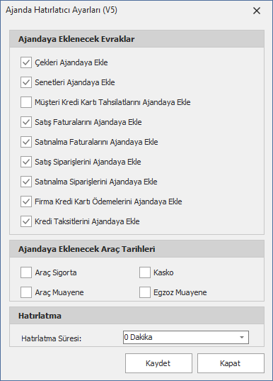 Ajanda Hatırlatıcı Ayarları