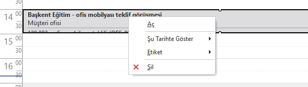 Randevunun sağ tık menüsü