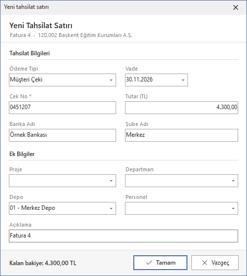 Müşteri çeki satırı: çek no, banka, şube ve vade