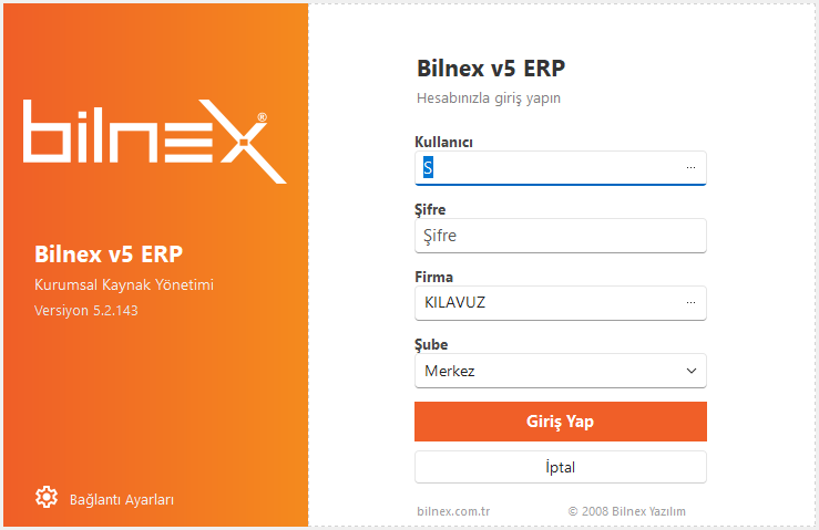 Bilnex v5 ERP giriş ekranı